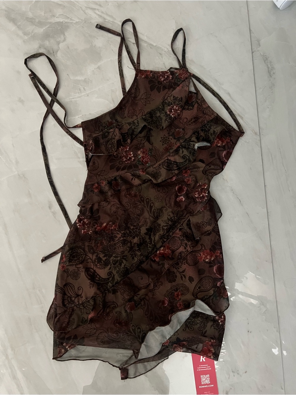 Romwe Brown floral mini dress with ruffle hem and open back - Picture 4 of 5